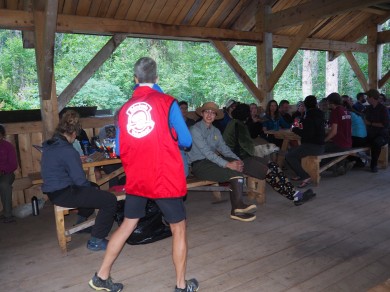 At camp with 48 hikers the night before crossing the pass. We played 6 rounds of Bingo for great prizes. People went home with my hand made and signed bingo cards.